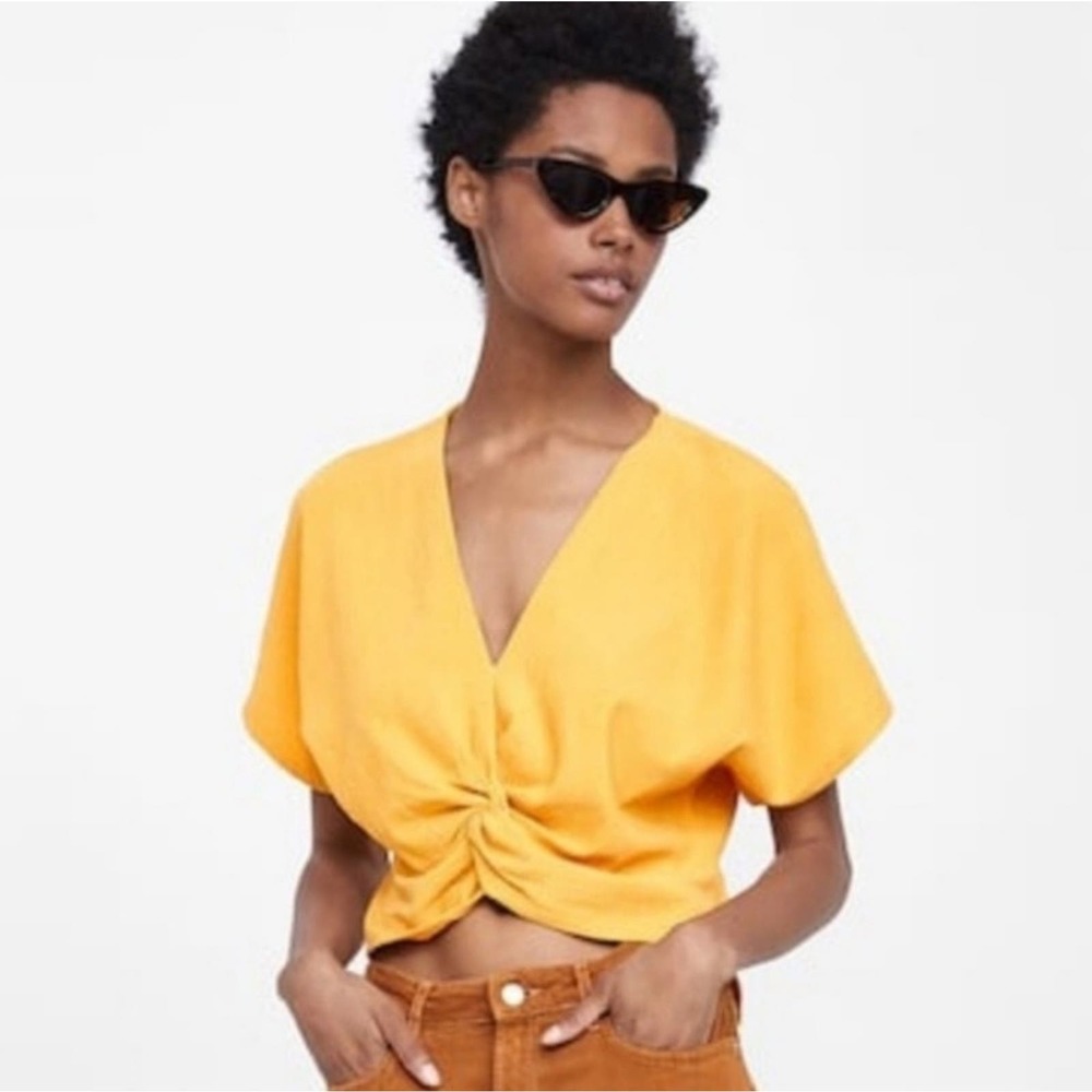 Zara Mustard Yellow Knotted Twist Texture Cropped Blouse